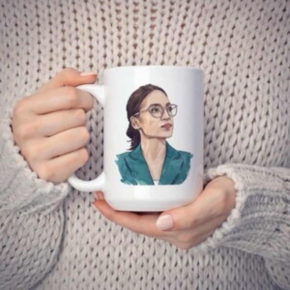 Handmade White Ceramic Mug w/ Illustrated AOC Alexandria Ocasio Cortez Portrait